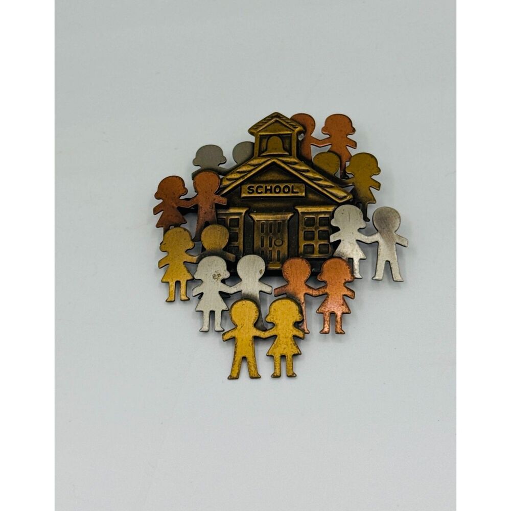 K & T Schoolhouse And Kids Mixed Metal Pin Signed 1990's